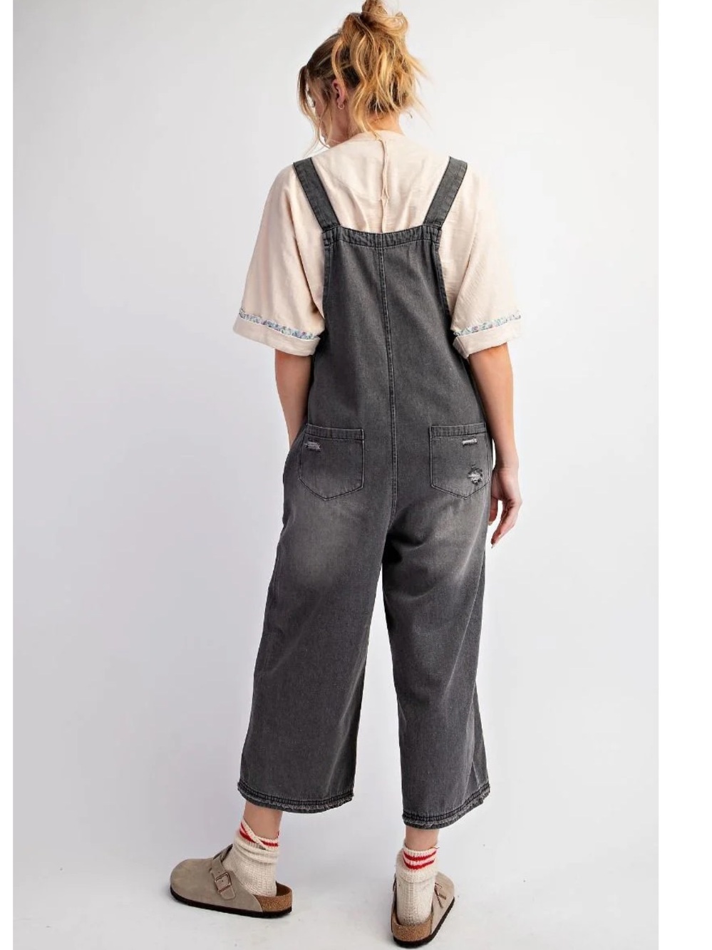 NWT: Easel Distressed Black Vintage Wash Oversized Denim Jumper Overalls•Small - Picture 5 of 6